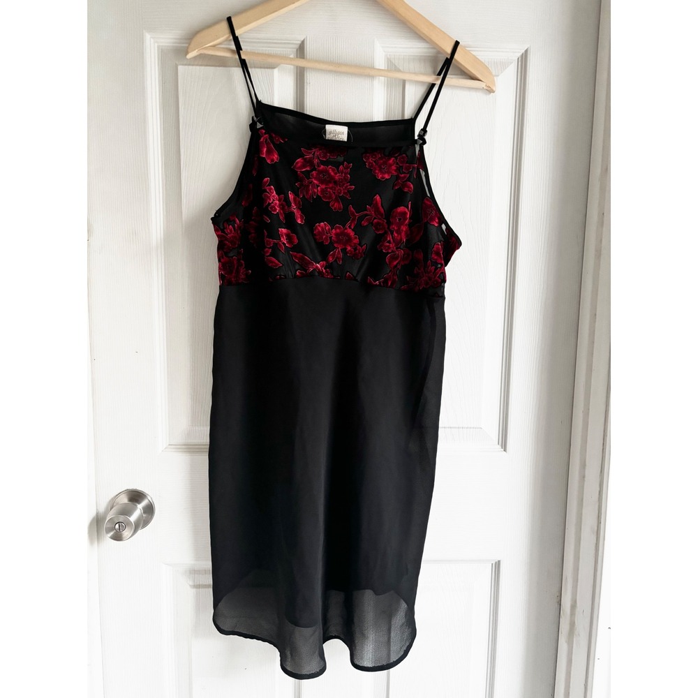 Gilligan & OMalley Black Floral Velvet Whimsy Goth‎ Sheer Slip Dress L Vintage